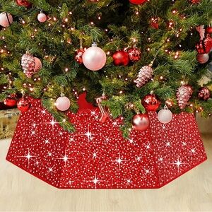 Red Sequin Christmas Tree Collar 31.5” Foldable Velvet Tree Skirt Cover